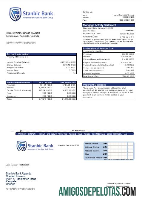 Declaração de hipoteca do Stanbic Bank de Uganda em formatos Word e PDF amostra